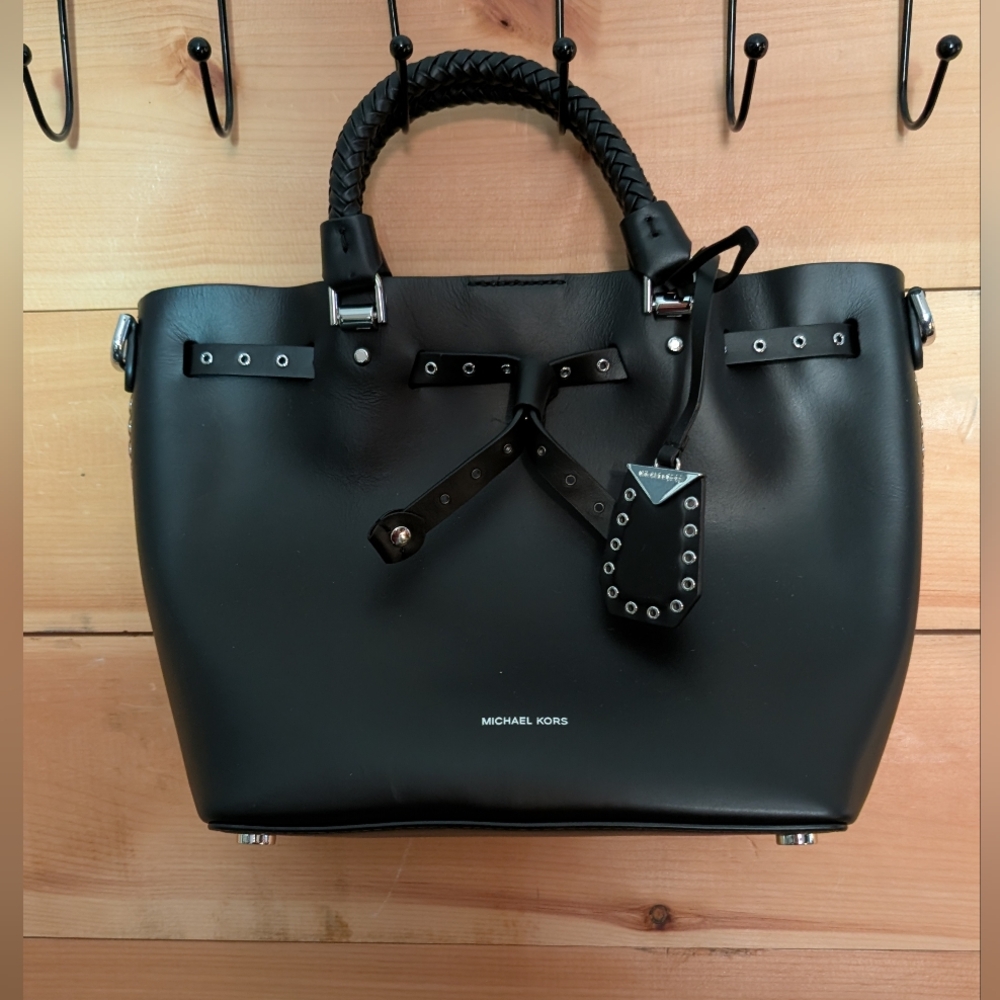Michael Kors Black Leather Tote with Braided Handles. BEAUTIFUL - Picture 1 of 3